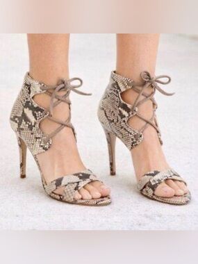 Plomo Snake-Print Lace-Up Stiletto Sandals - Taupe/Brown